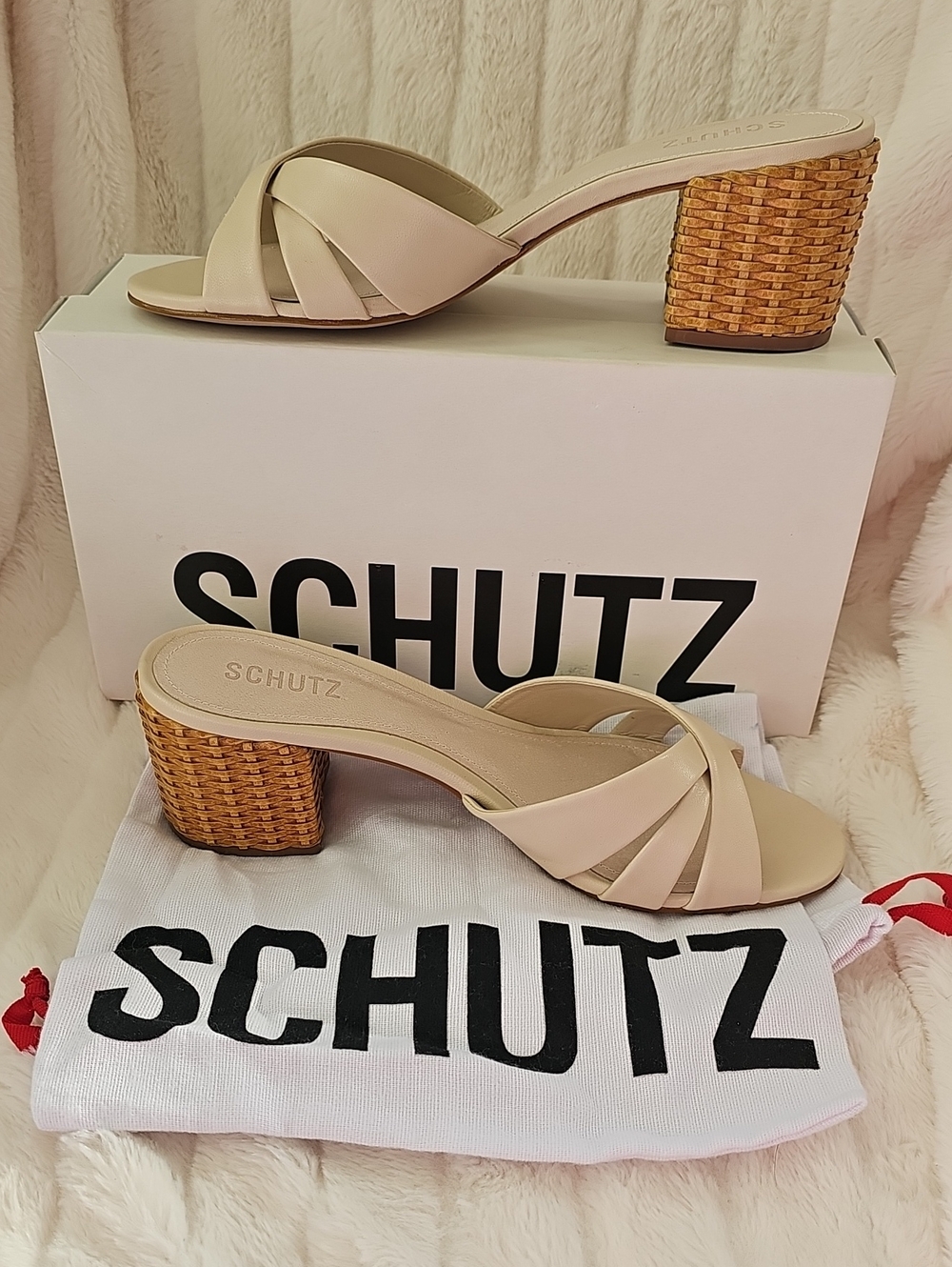 SCHUTZ Cream Woven Block Heel Slide Mules
